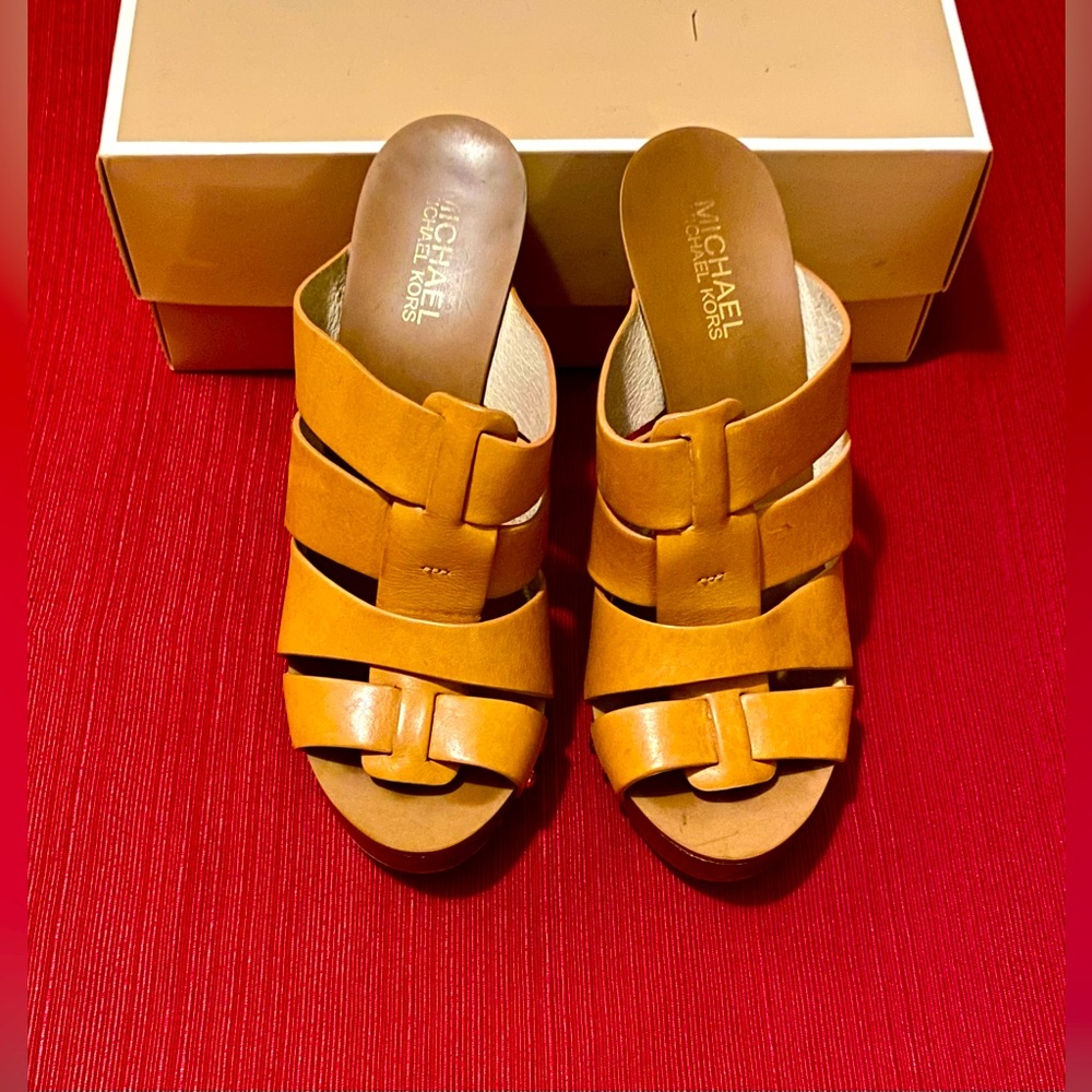 Michael Kors Pecan Tan Leather High Heel Slip On Sandals